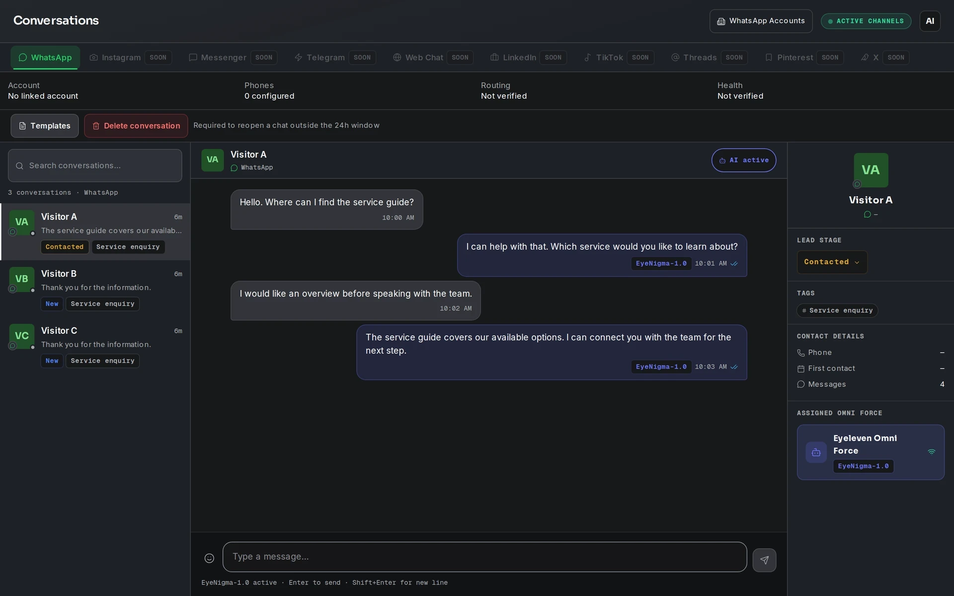Actual Eyeleven Conversations interface · demonstration data